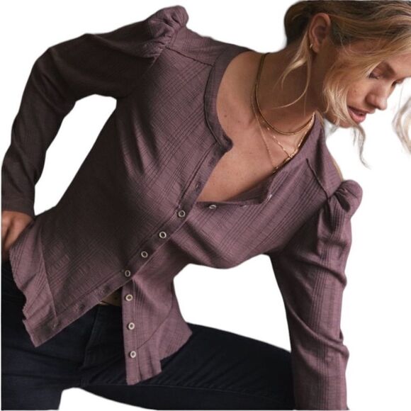 Anthropologie Pilcro Ribbed Puff Sleeve Crop Top in Maeve M - Picture 3 of 7